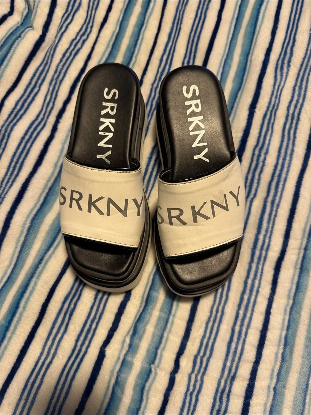 SRKNY Logo Slide Sandals in Black and White